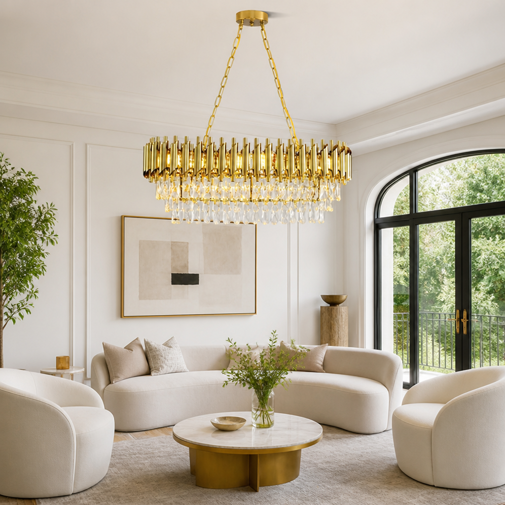 Modern Gold Crystal Three-Tier Oval Chandelier