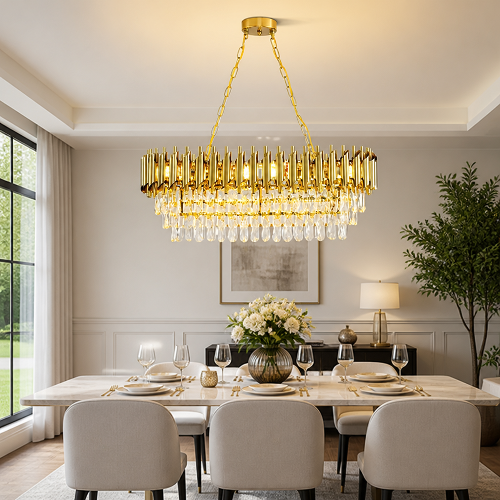 Modern Gold Crystal Three-Tier Oval Chandelier