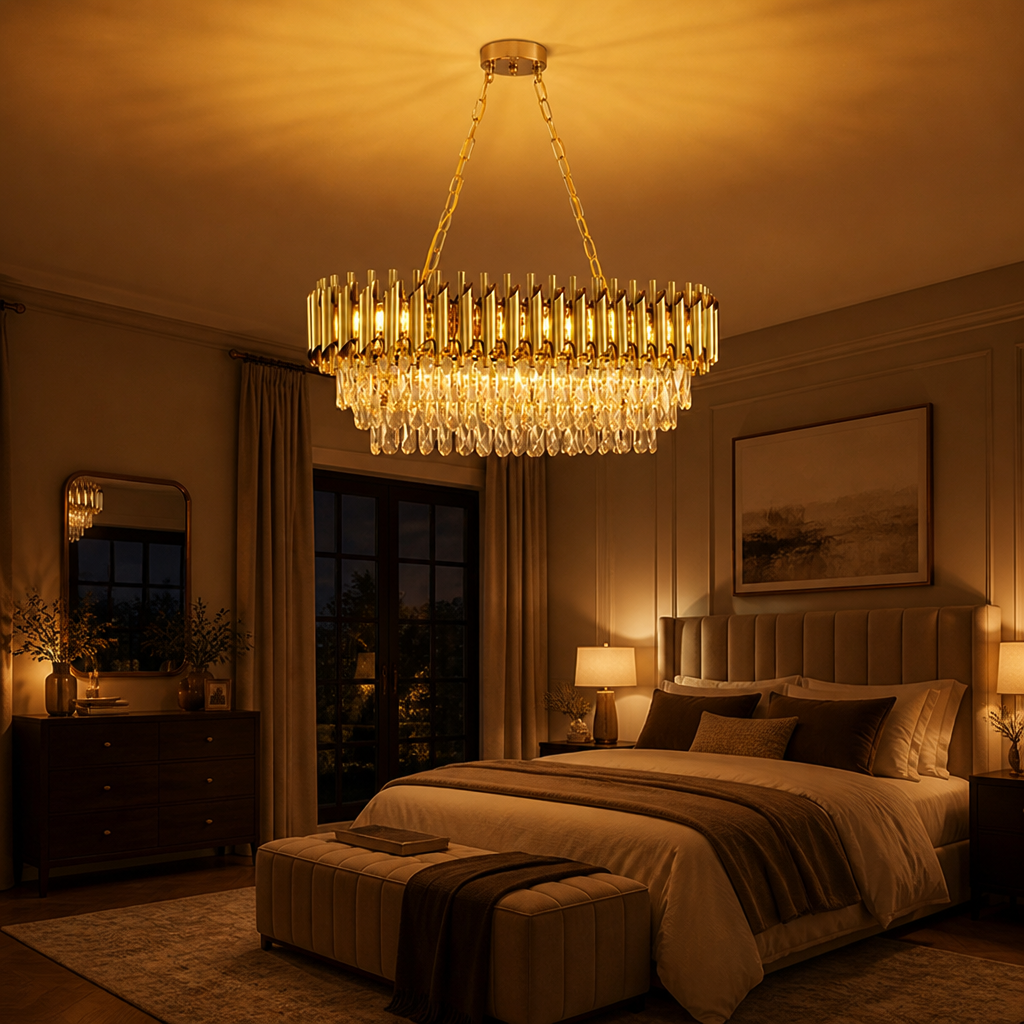 Modern Gold Crystal Three-Tier Oval Chandelier