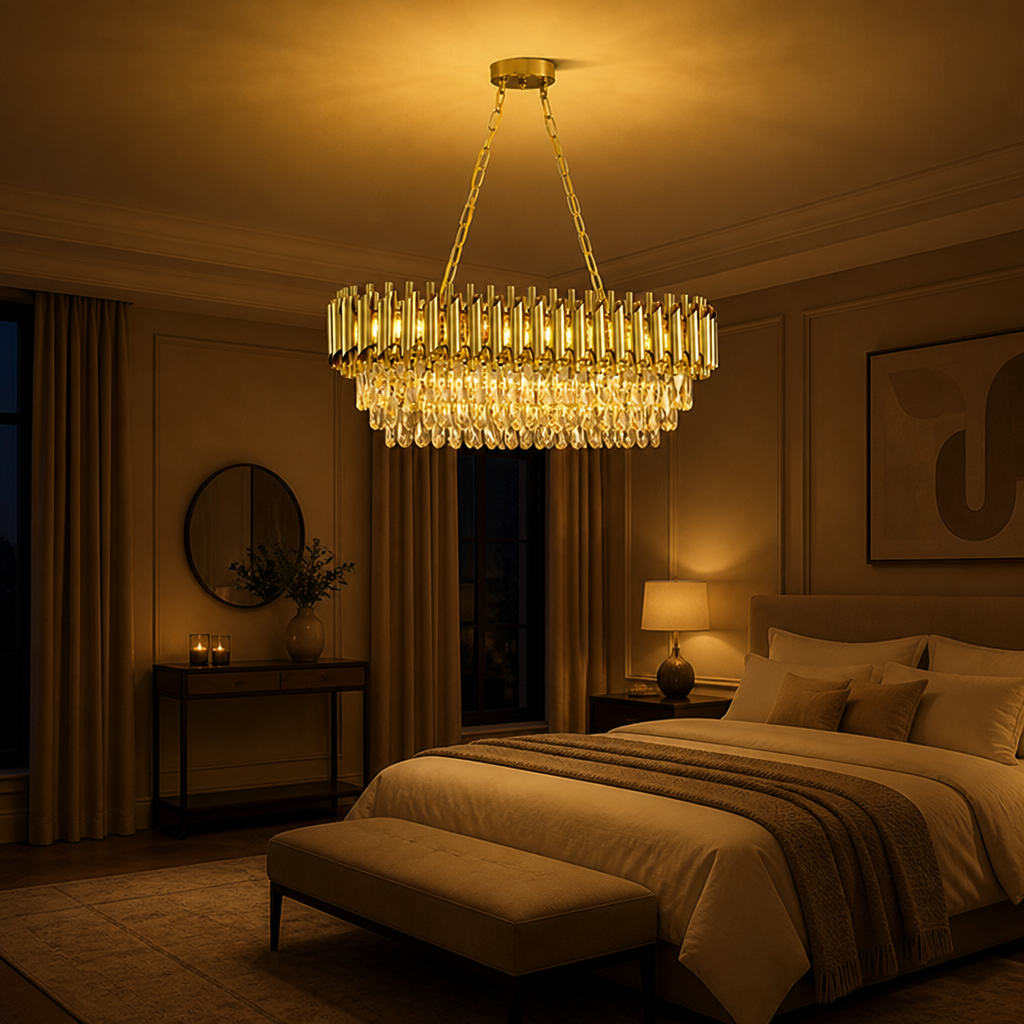 Modern Gold Crystal Three-Tier Oval Chandelier