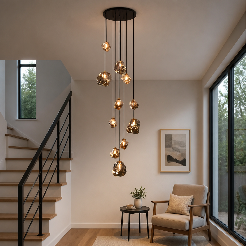 Modern Metal & Glass LED Multi-Head Chandelier