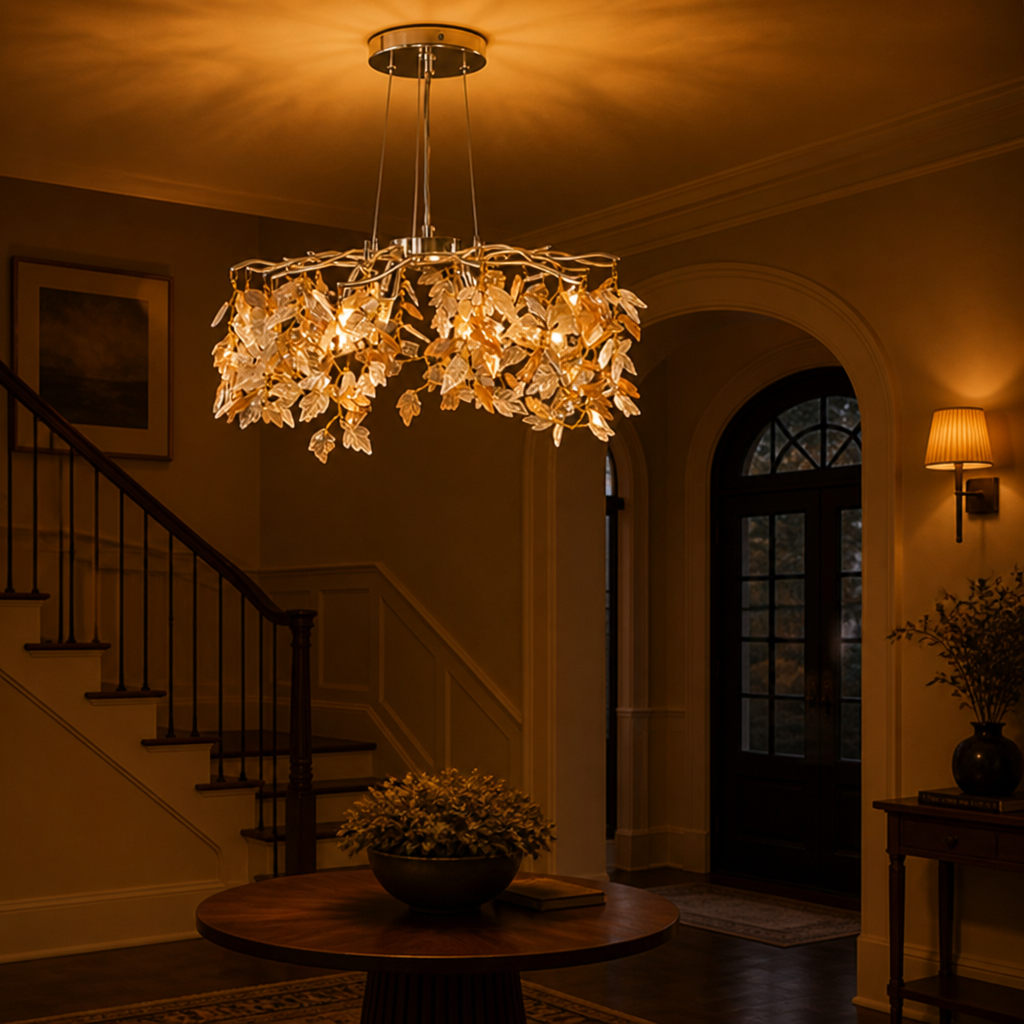 Modern Silver Crystal Maple-Leaf Chandelier