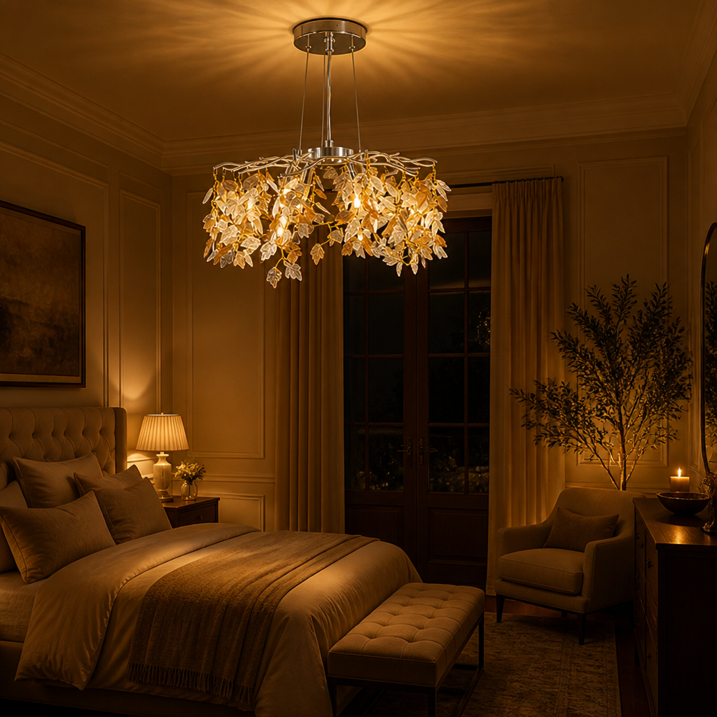 Modern Silver Crystal Maple-Leaf Chandelier