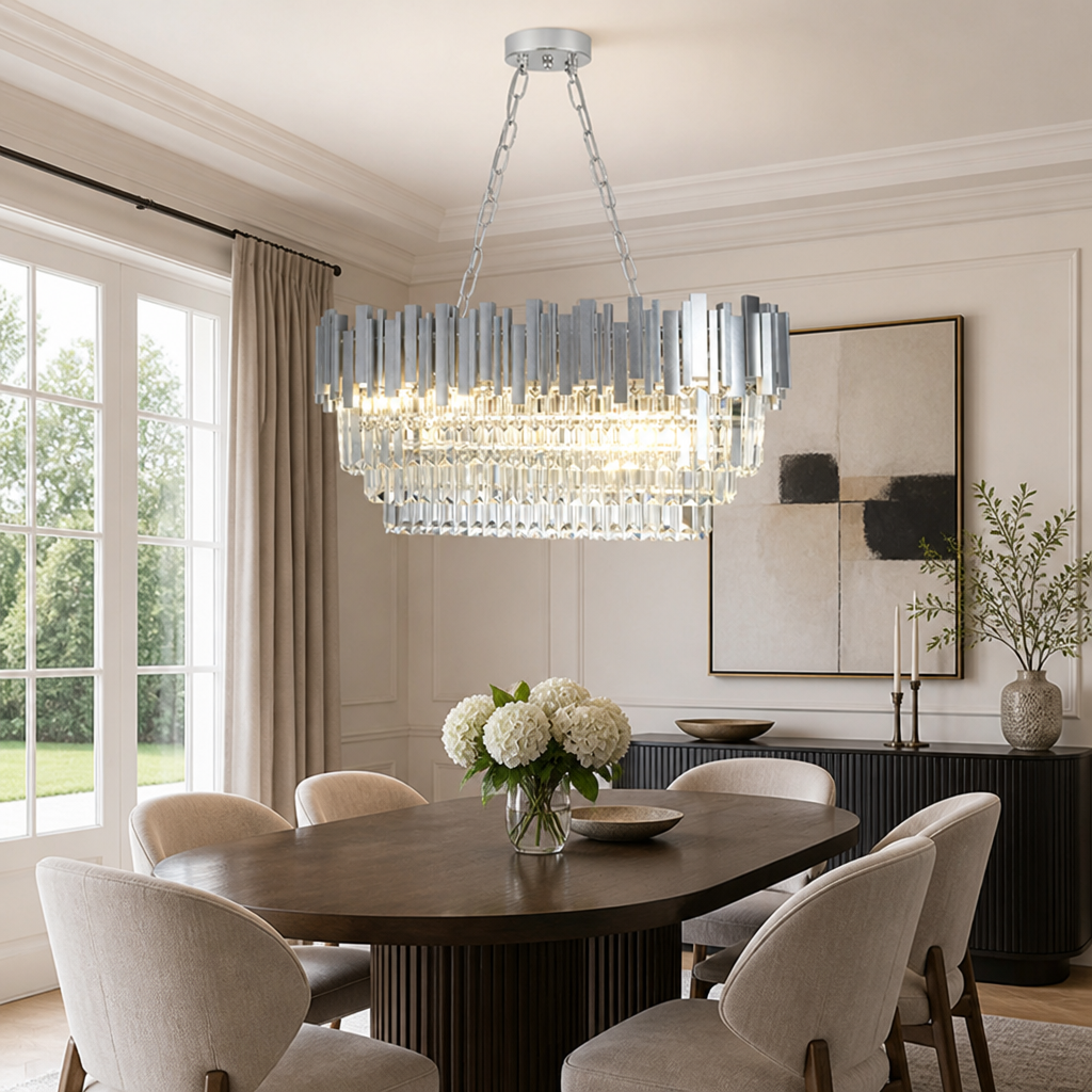 Modern Silver Crystal Oval Chandelier