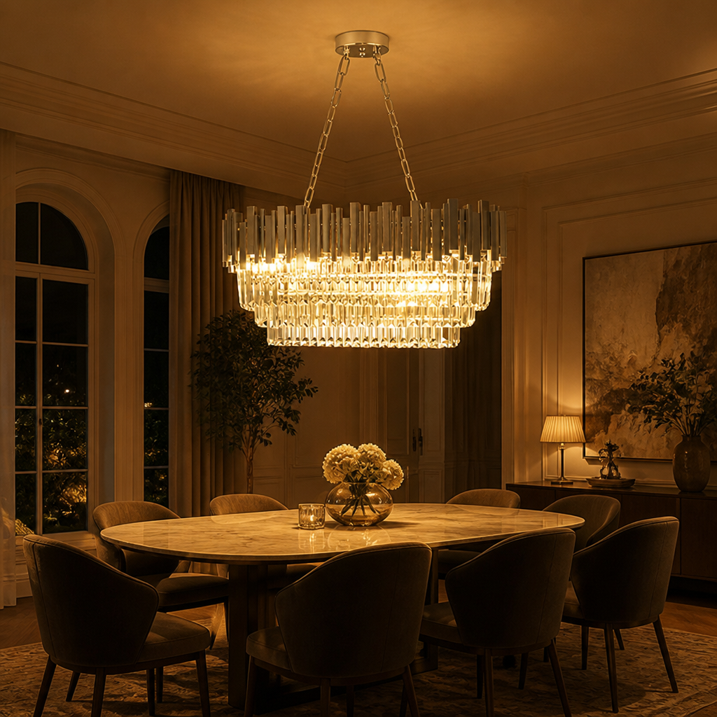 Modern Silver Crystal Oval Chandelier