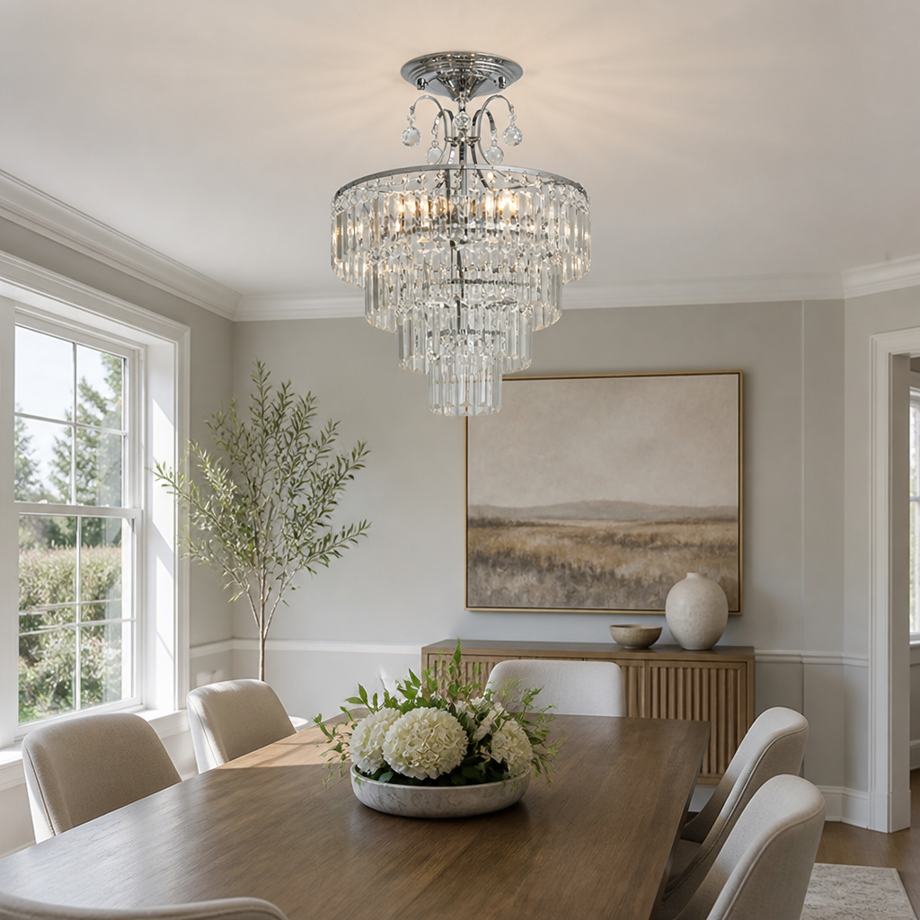 Modern Silver Crystal Semi-Flush Ceiling Light