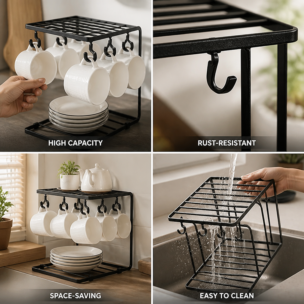 Mug Stand Two-Tier 6-Hook Rust-Resistant Iron