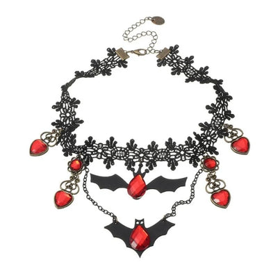Necklace Gothic Bat Pendant Red Heart Adjustable Metal Chain