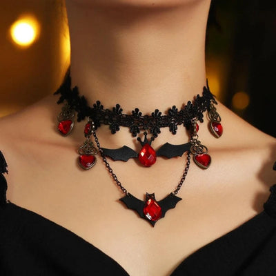 Necklace Gothic Bat Pendant Ruby Heart Adjustable Metal Chain