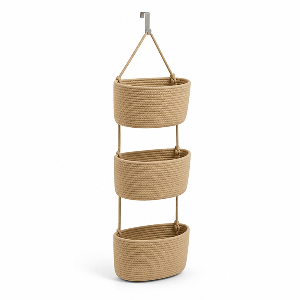 Over-the-Door Hanging Basket 3-Tier Detachable Handwoven Cotton