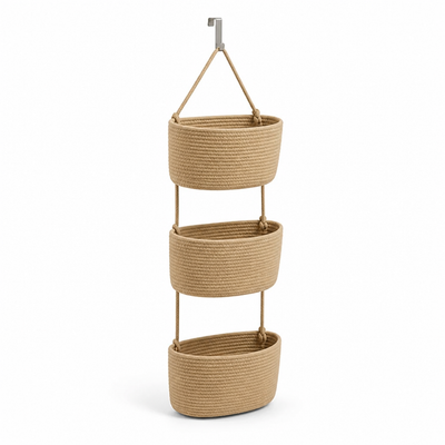Over-the-Door Hanging Basket 3-Tier Detachable Handwoven Cotton