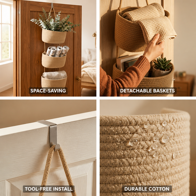 Over-the-Door Hanging Basket 3-Tier Detachable Handwoven Cotton