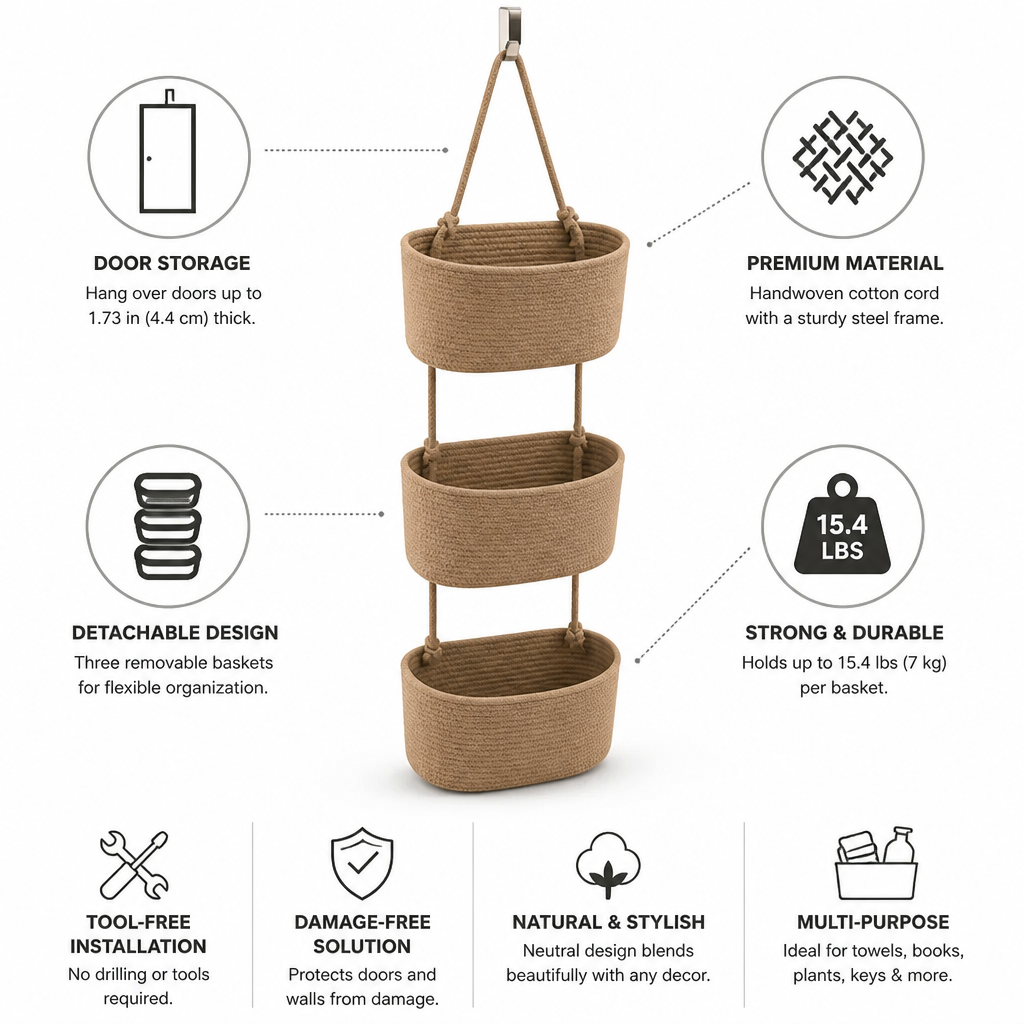 Over-the-Door Hanging Basket 3-Tier Detachable Handwoven Cotton