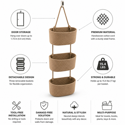 Over-the-Door Hanging Basket 3-Tier Detachable Handwoven Cotton