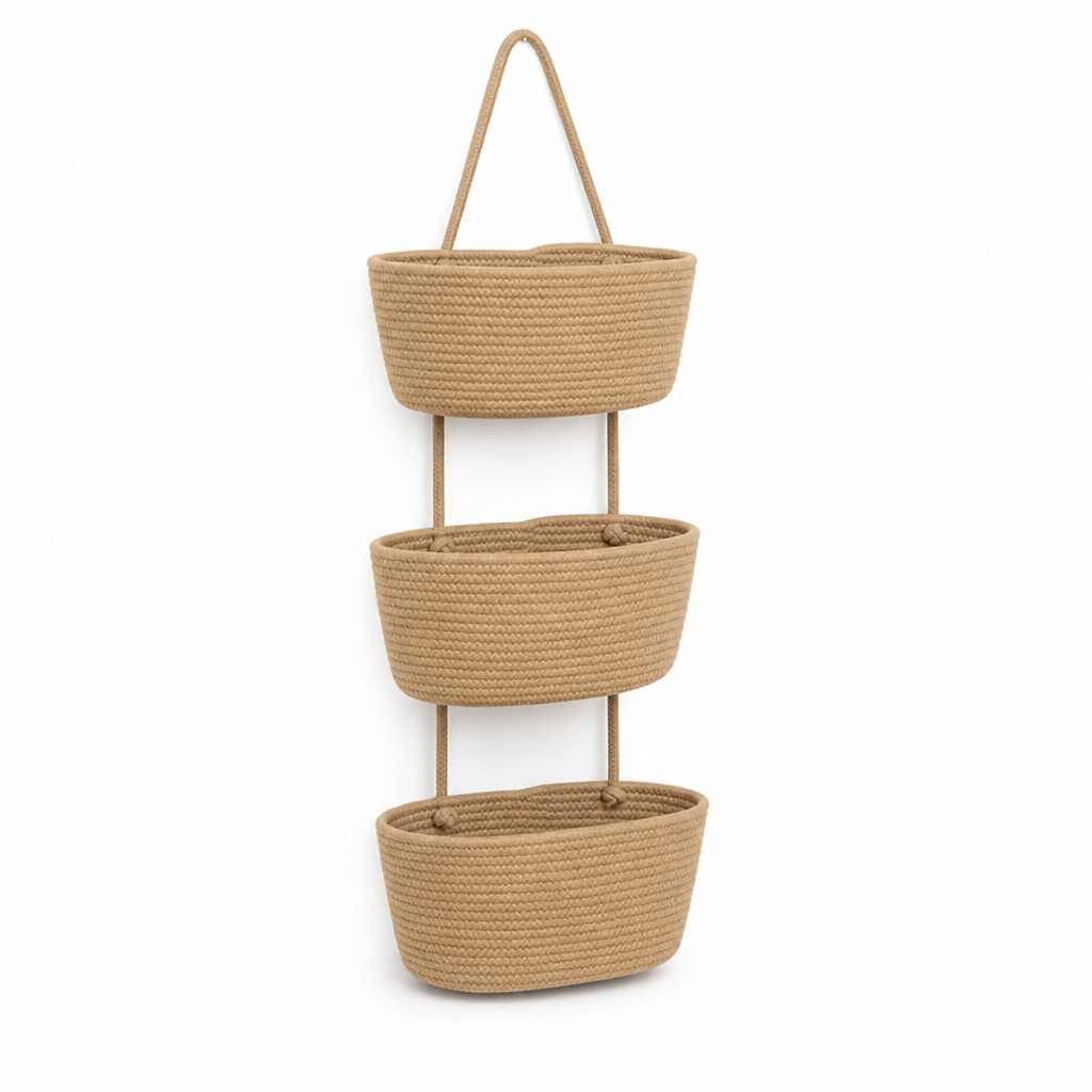 Over-the-Door Hanging Basket 3-Tier Detachable Handwoven Cotton