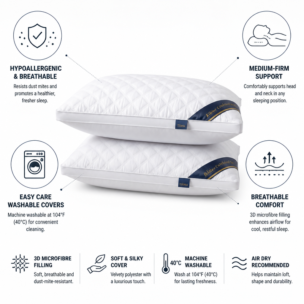 Pillow Set Hypoallergenic Medium-Firm Washable Covers Set of 2