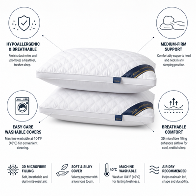 Pillow Set Hypoallergenic Medium-Firm Washable Covers Set of 2