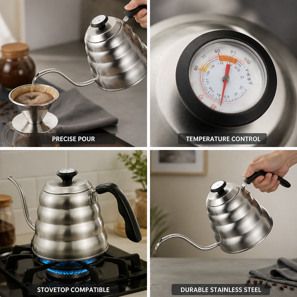 Pour-Over Kettle Stainless Steel Gooseneck Spout & Thermometer