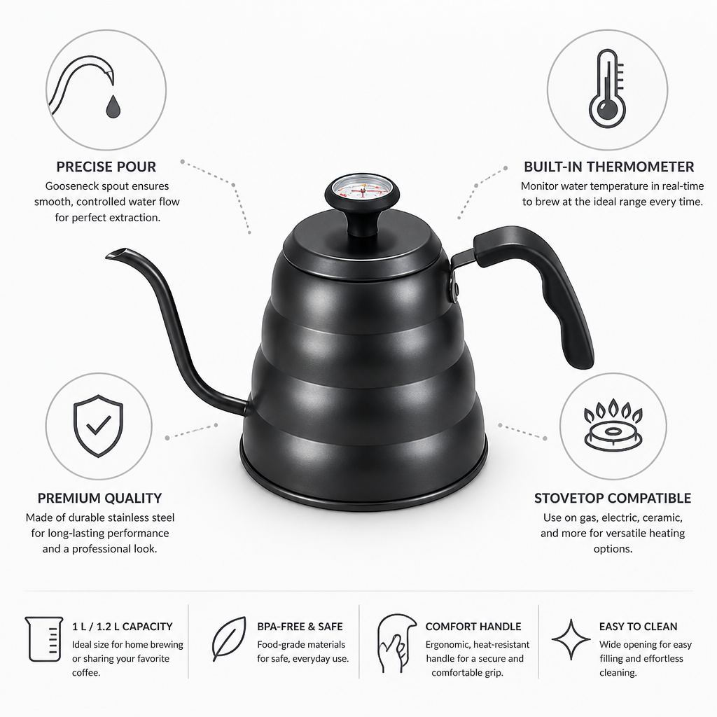 Pour-Over Kettle Stainless Steel Gooseneck Spout & Thermometer