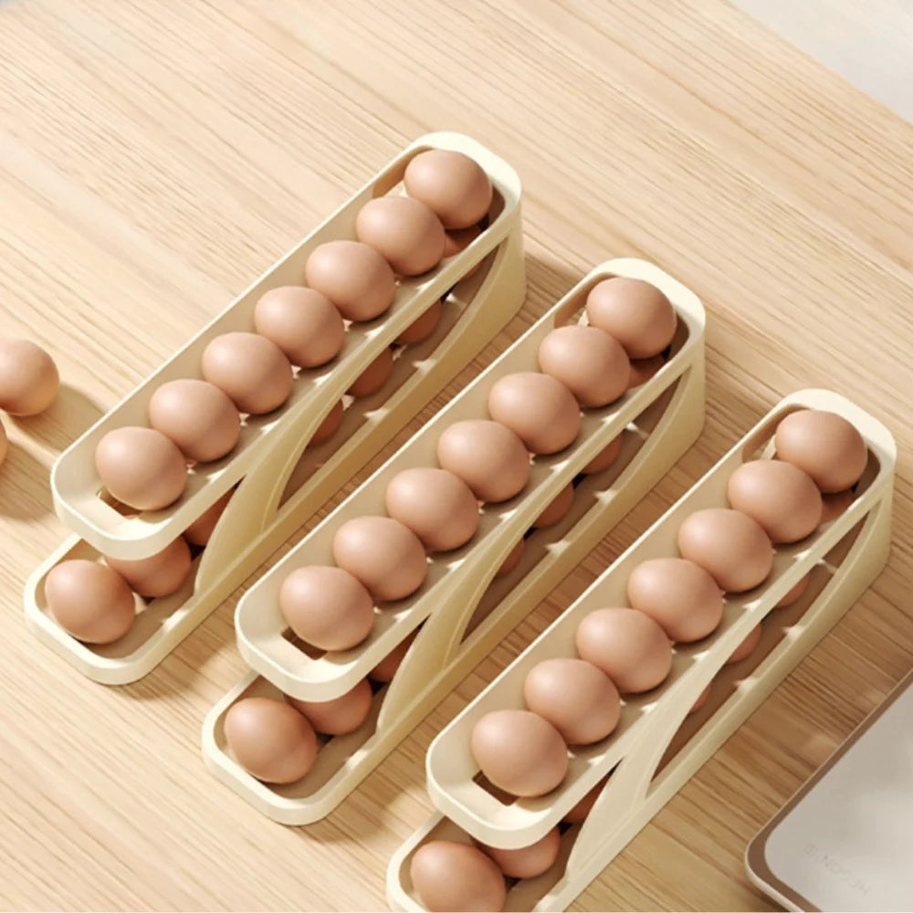 Refrigerator Egg Holder Automatic Rolling Non-Slip Holds 14-15 Eggs