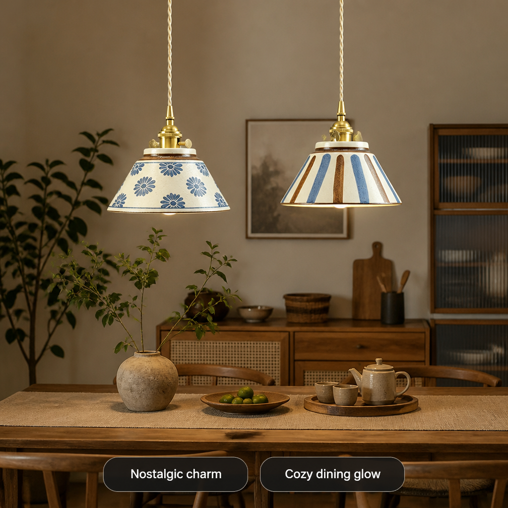 Retro Blue & White Porcelain Pendant Light