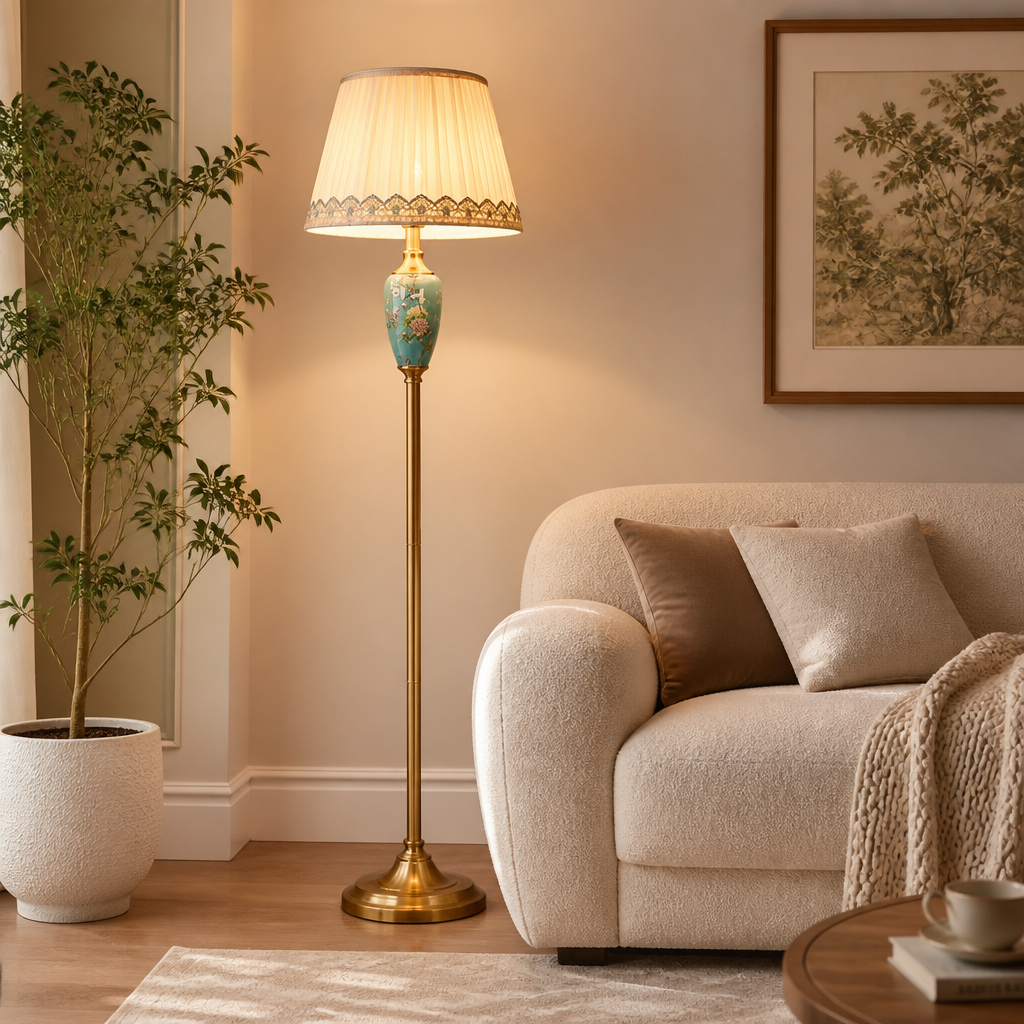 Retro Ceramic With Fabric Shade Floor Lamp
