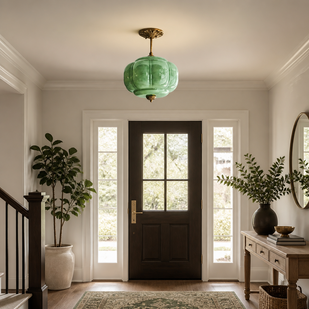 Retro Green Glass Scalloped Pendant Light