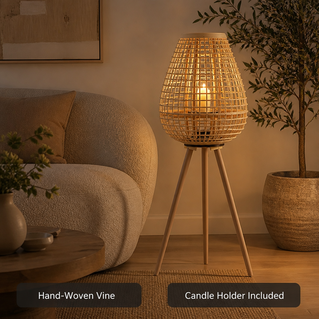 Rustic Hand-Woven Vine Candle Holder Floor Lamp