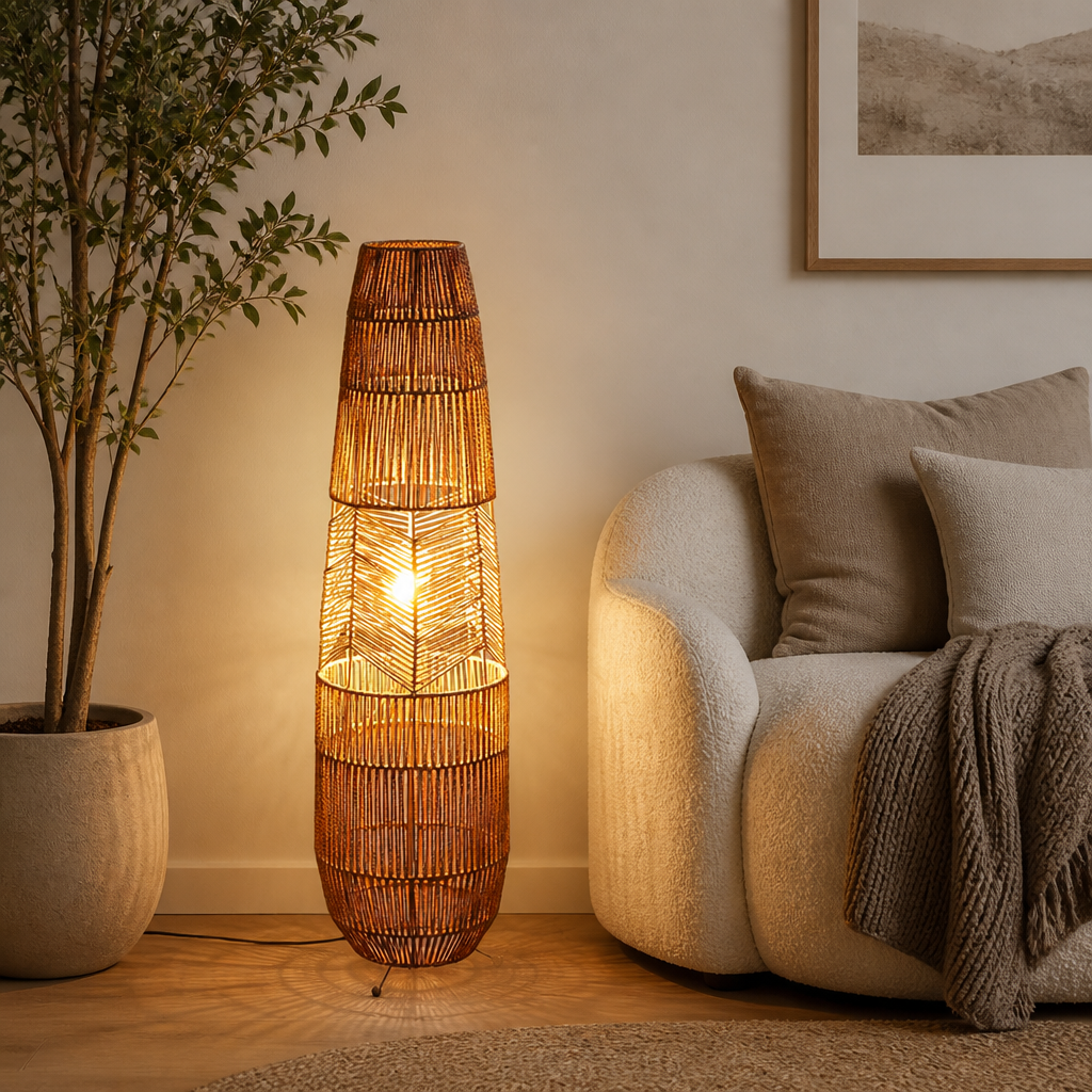 Rustic Handwoven Rattan LED Floor Lamp