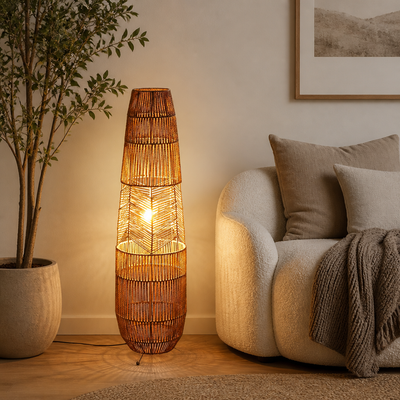 Rustic Handwoven Rattan LED Floor Lamp
