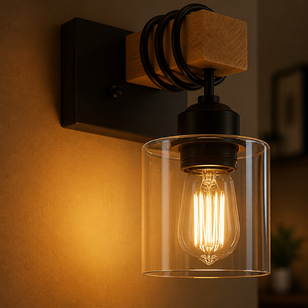 Rustic Wood Clear Glass Wall Sconce