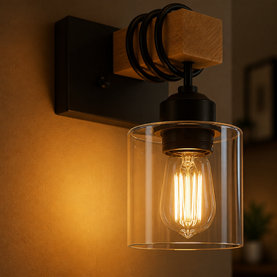 Rustic Wood Clear Glass Wall Sconce