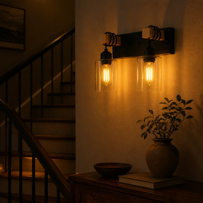 Rustic Wood Clear Glass Wall Sconce