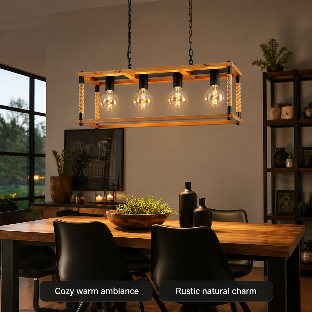 Rustic Wood & Hemp Rope Pendant Light
