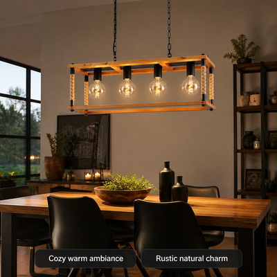 Rustic Wood & Hemp Rope Pendant Light