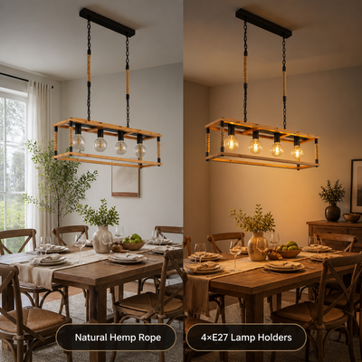 Rustic Wood & Hemp Rope Pendant Light