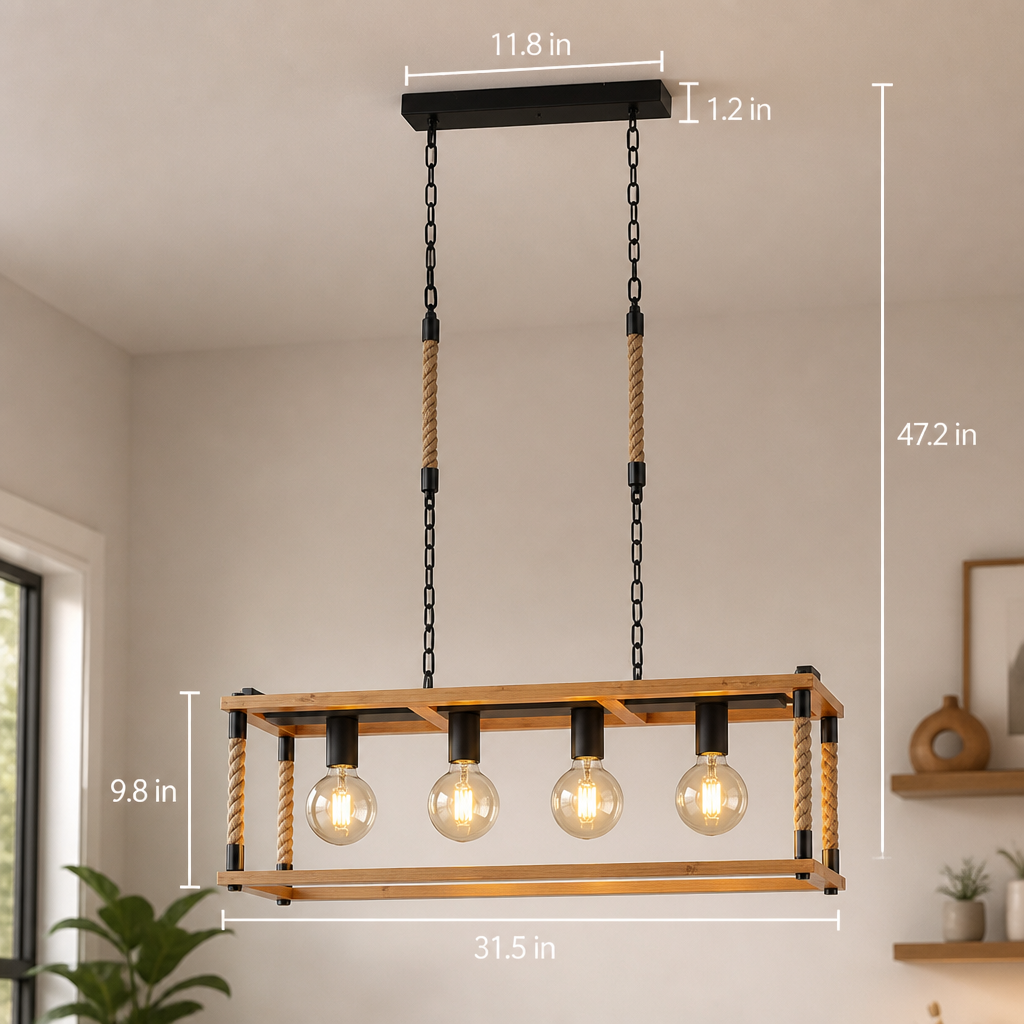 Rustic Wood & Hemp Rope Pendant Light