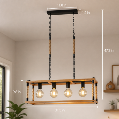 Rustic Wood & Hemp Rope Pendant Light