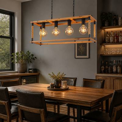 Rustic Wood & Hemp Rope Pendant Light