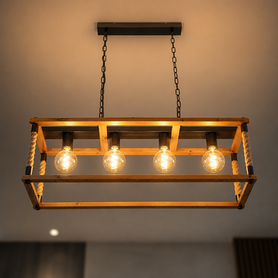 Rustic Wood & Hemp Rope Pendant Light