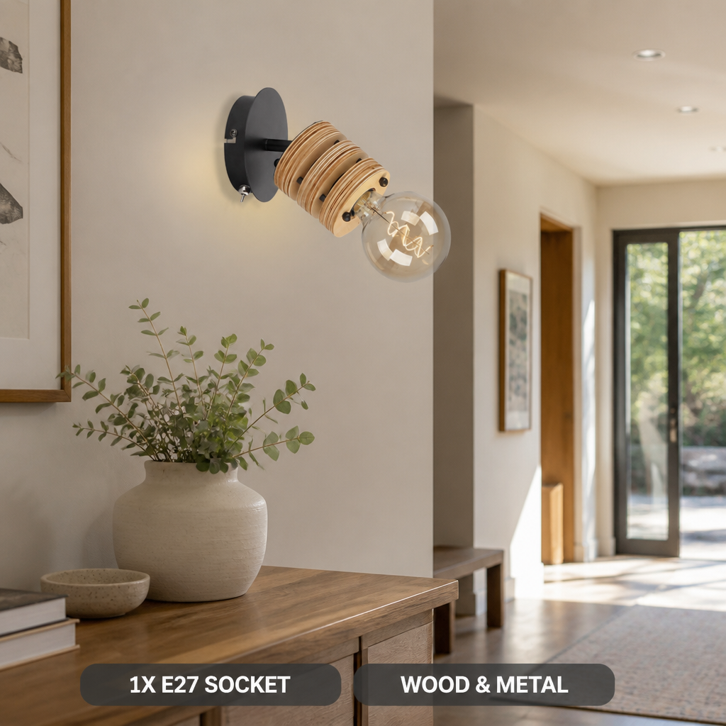 Rustic Wood & Metal Adjustable Spotlight Wall Sconce