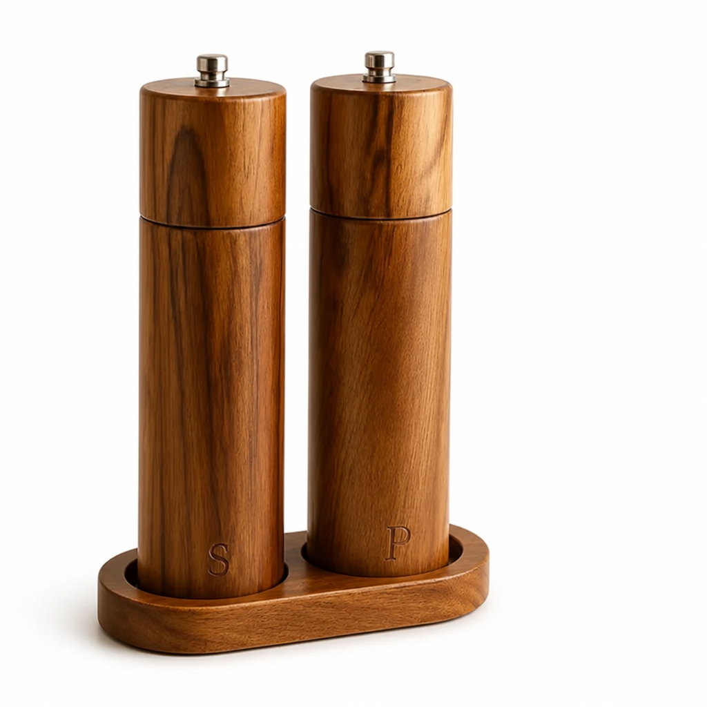 Salt & Pepper Grinder Set Natural Wood Ceramic Stand