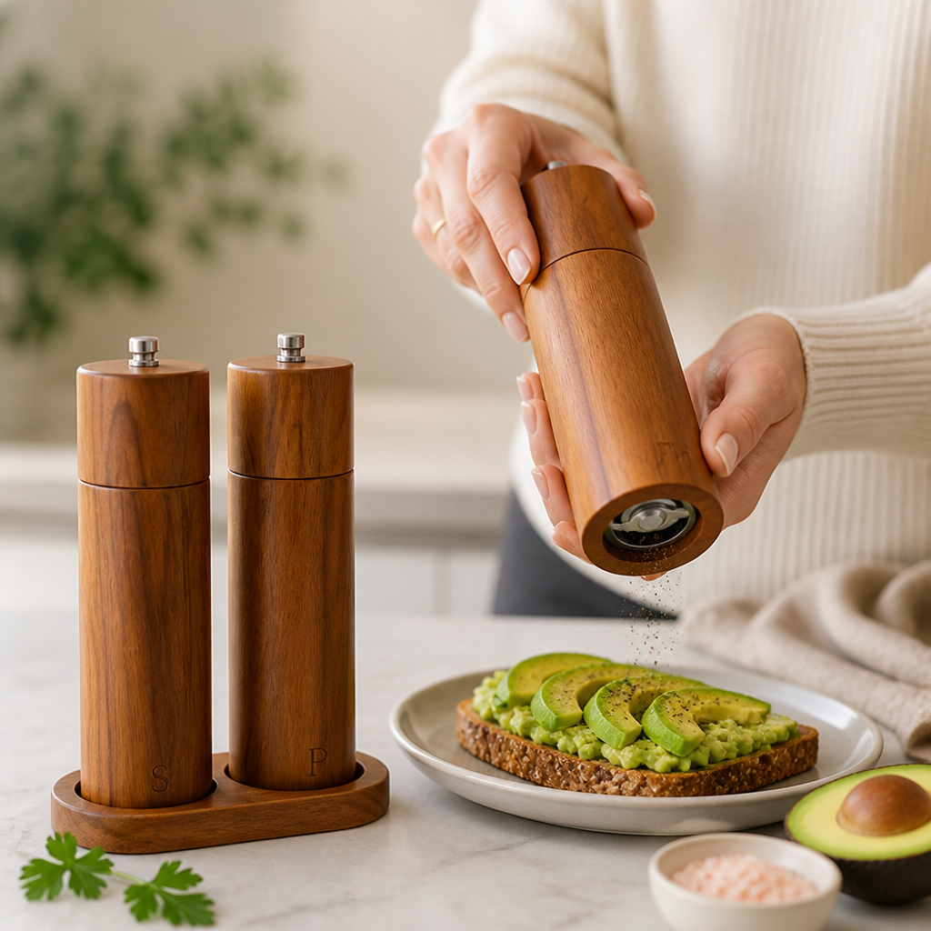 Salt & Pepper Grinder Set Natural Wood Ceramic Stand