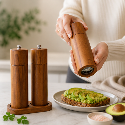 Salt & Pepper Grinder Set Natural Wood Ceramic Stand