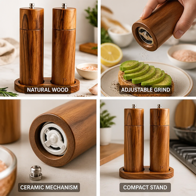 Salt & Pepper Grinder Set Natural Wood Ceramic Stand
