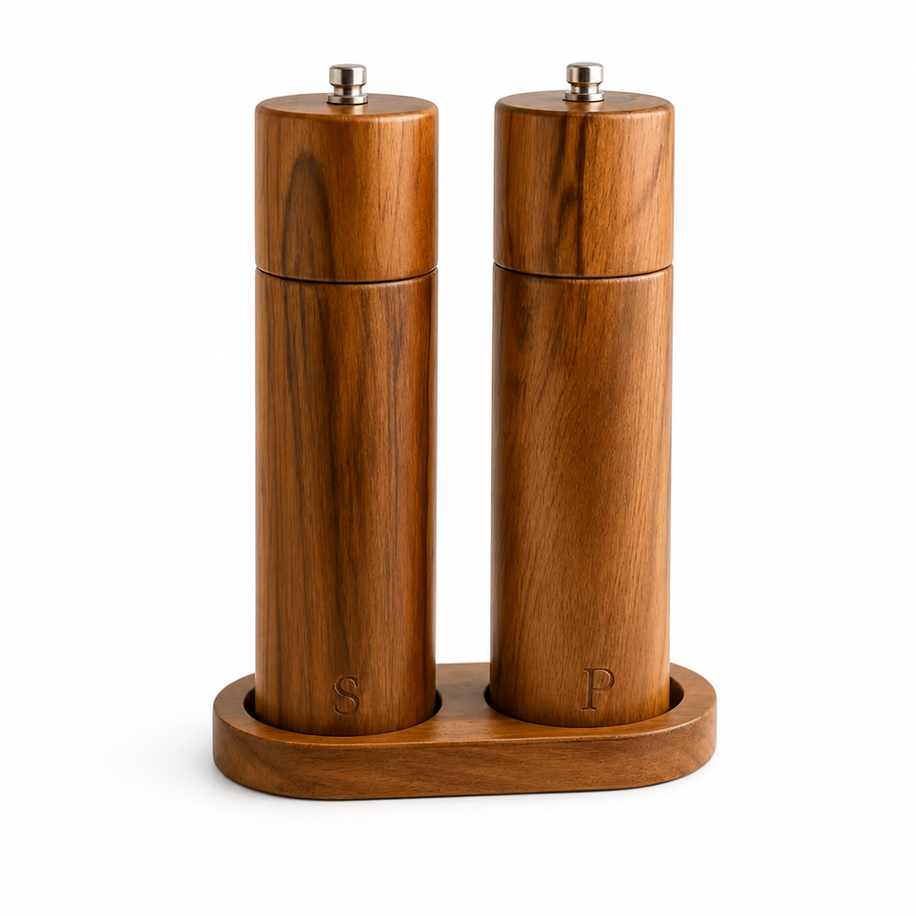 Salt & Pepper Grinder Set Natural Wood Ceramic Stand