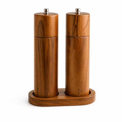 Salt & Pepper Grinder Set Natural Wood Ceramic Stand