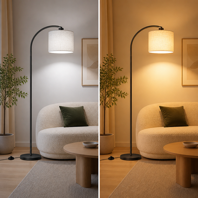 Scandinavian Beige Linen Arc Floor Lamp
