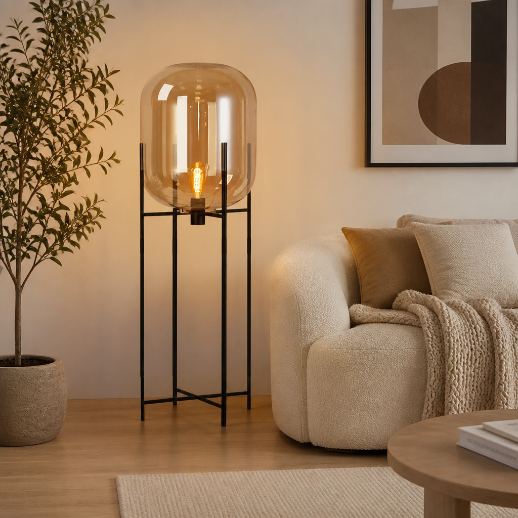 Scandinavian Glass & Iron Floor Lamp