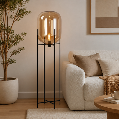 Scandinavian Glass & Iron Floor Lamp